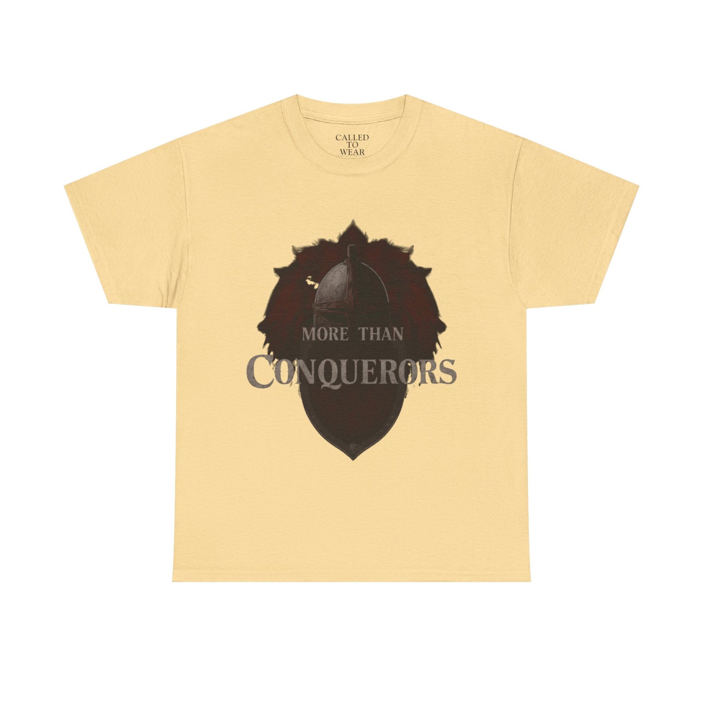 More Than Conquerors Tee | Shield Silhouette Christian faith typography