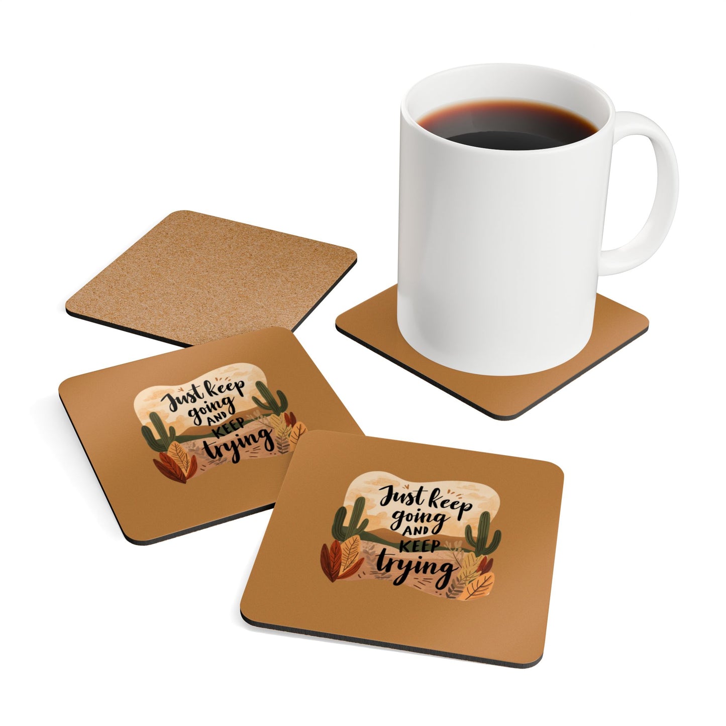 Just Keep Going and Keep Trying Corkwood Coaster | Desert Cactus Motivational Quote