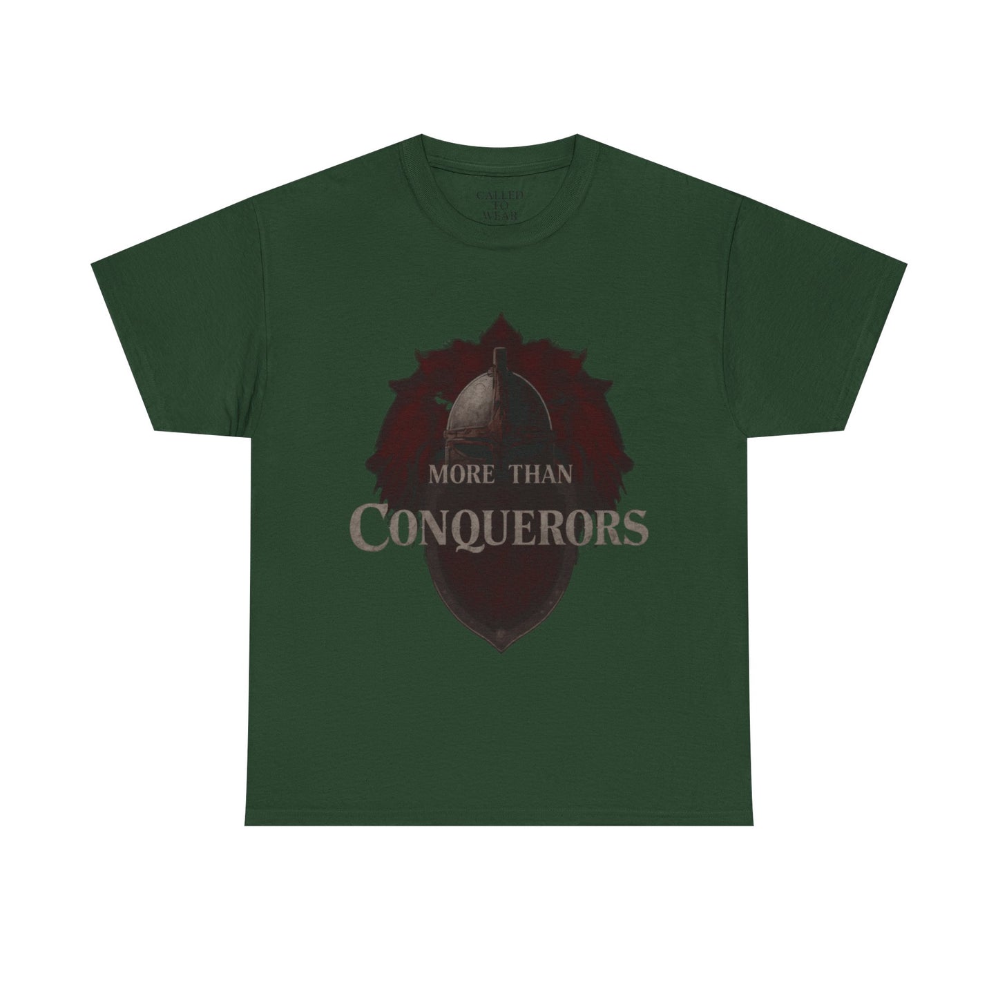 More Than Conquerors Tee | Shield Silhouette Christian faith typography