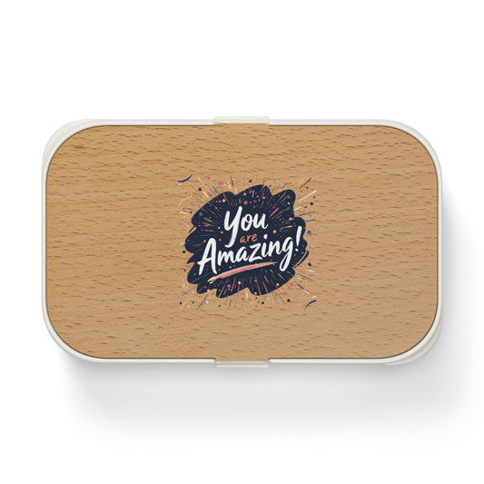 Hand-Lettered Beechwood Bento Lunch Box | Microwave-Safe Silicone, Dividers