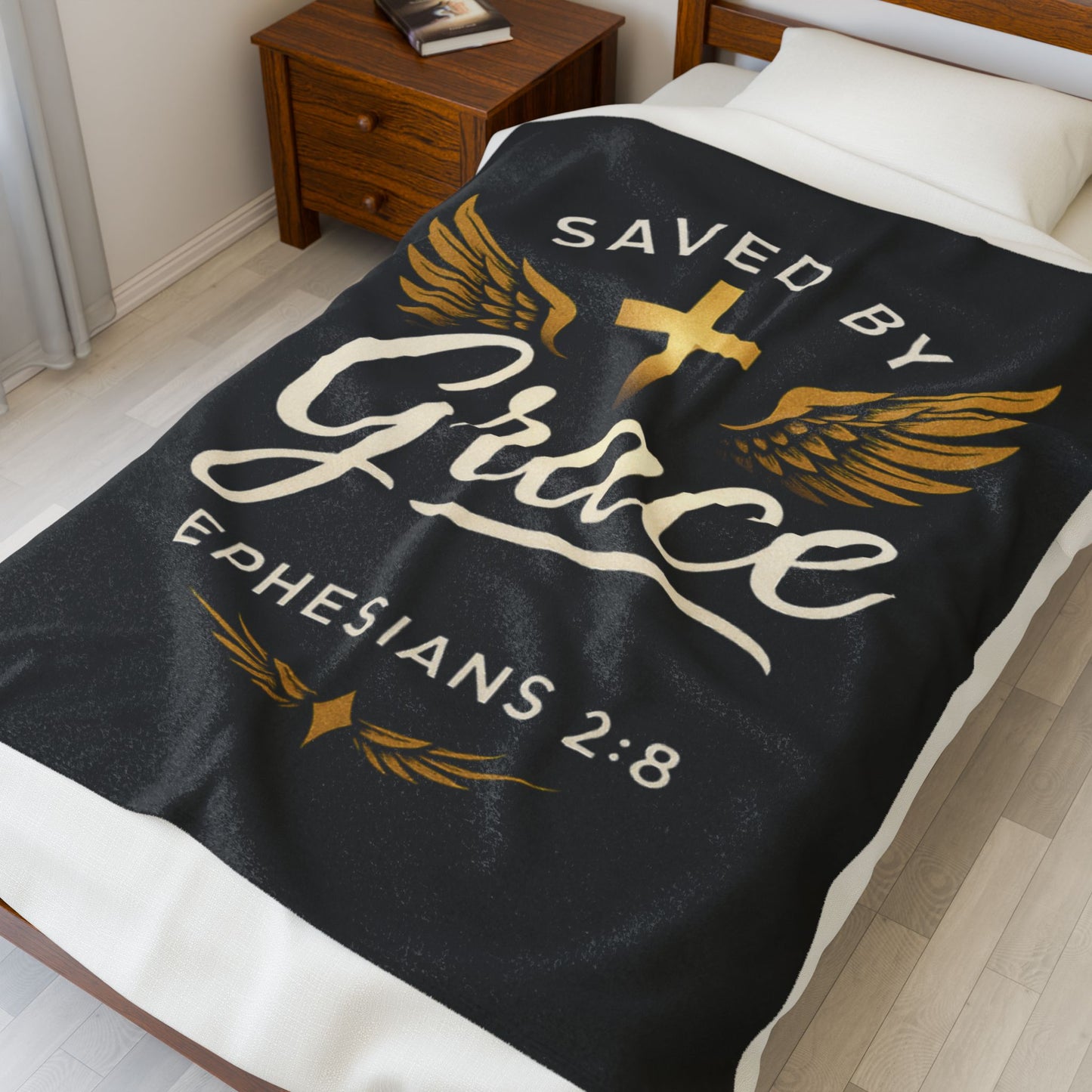 Saved by Grace Velveteen Plush Blanket, Cozy Blanket for Home, Christian Gift, Inspirational Decor, Bible Verse Blanket, Faith and Comfort