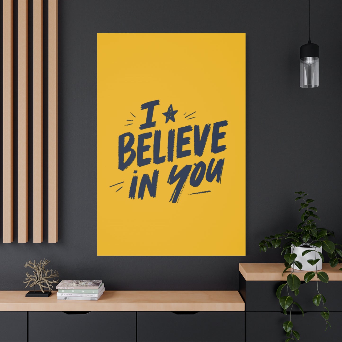 I Believe In You Canvas | Matte Stretched Wall Art, Navy Brush Lettering on Gold