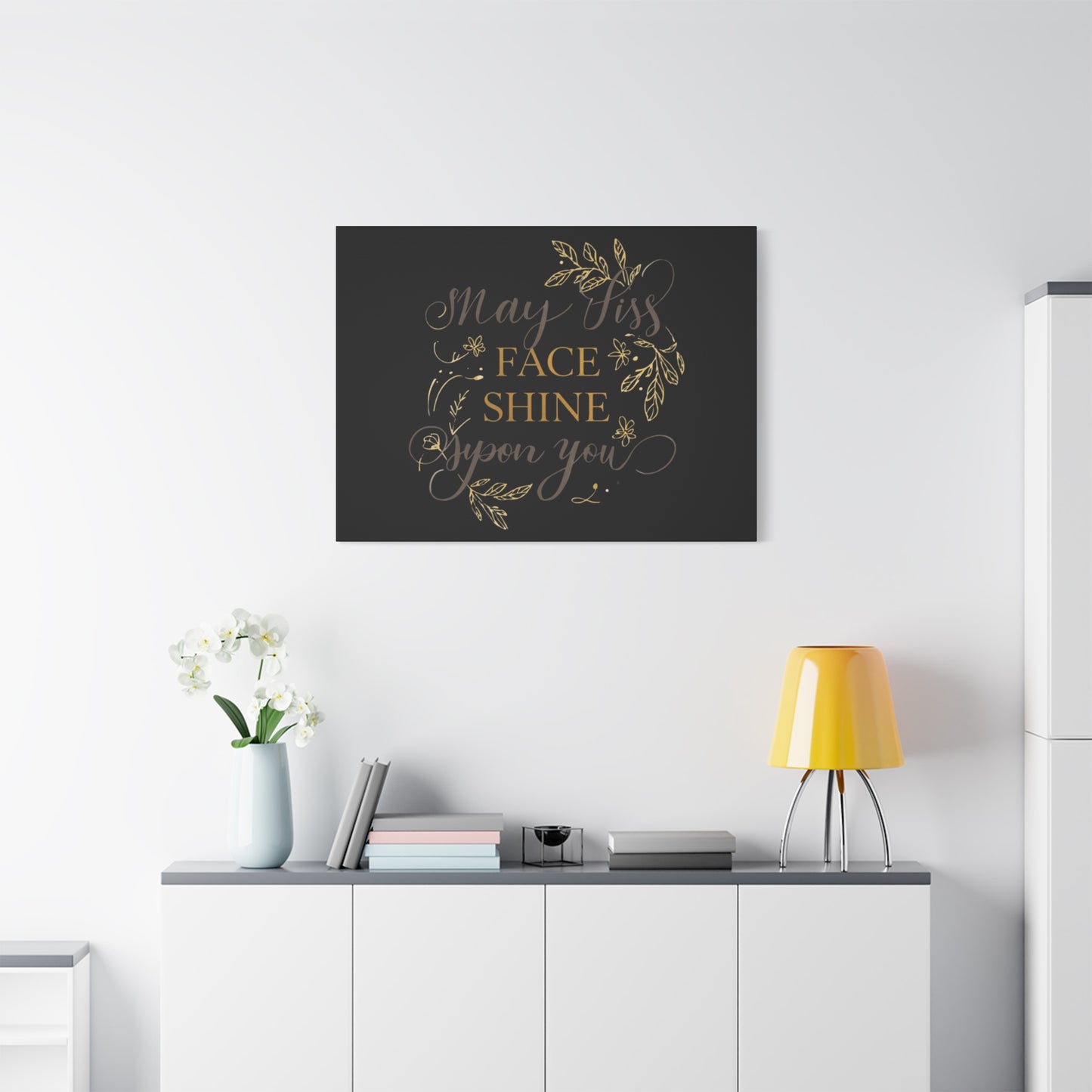 May His Face Shine Upon You Matte Canvas | Stretched Wall Art, Black Gold Botanical