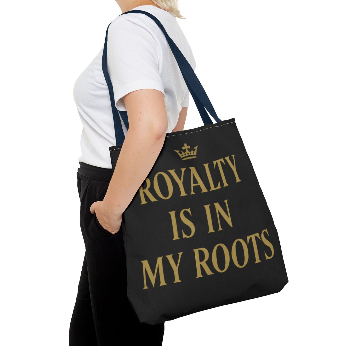 Royalty Is in My Roots Tote Bag - Stylish Eco-Friendly Carryall, Perfect Gift for Her, Black Gold Design, Daily Use, Travel Bag