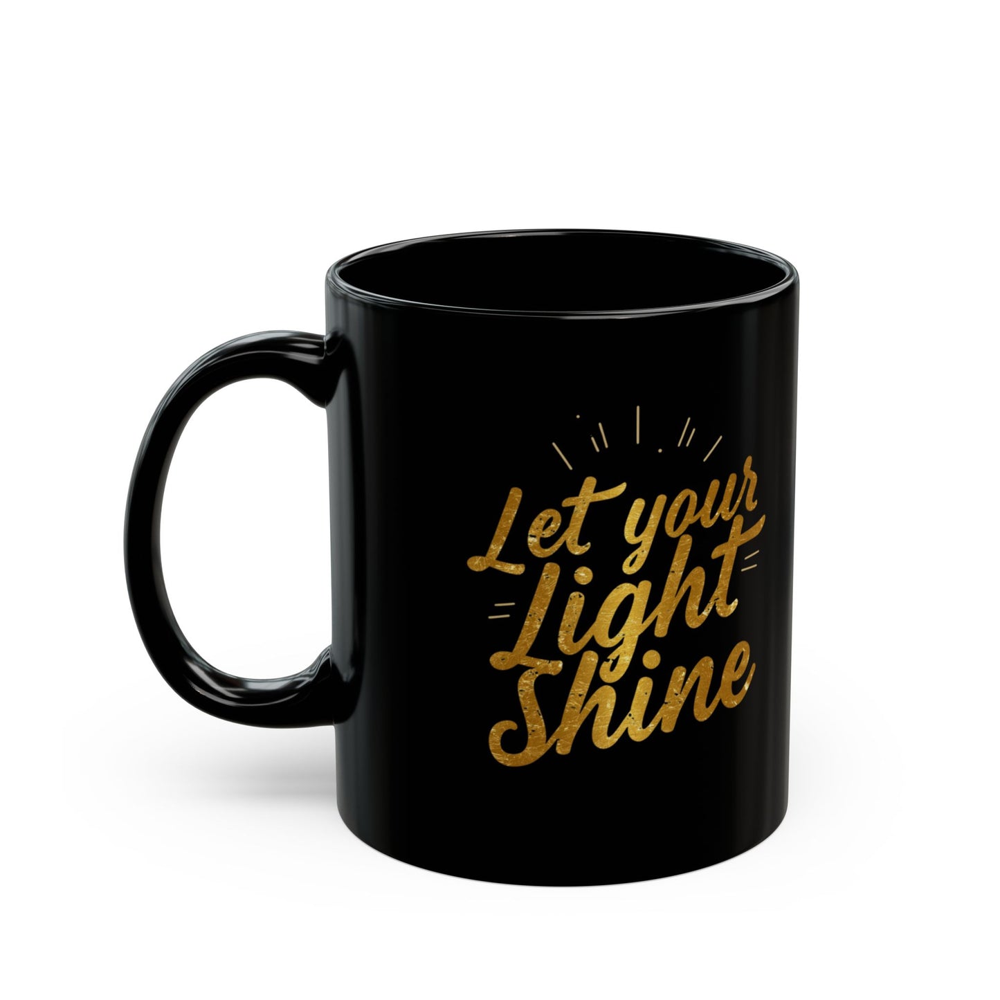 Let Your Light Shine mug | Black ceramic coffee mug, gold script design