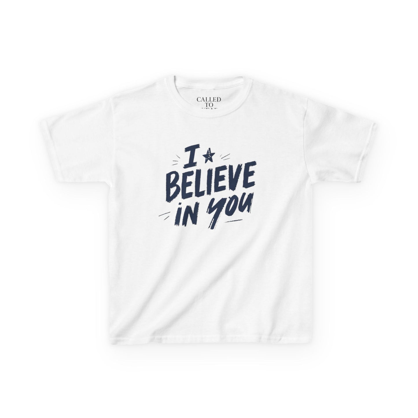 I Believe In You Kids Tee, Hand-Lettered Navy Script with Star | Encouragement Shirt