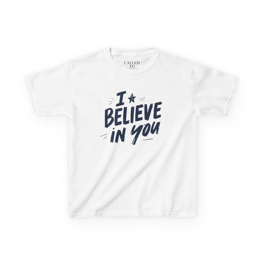 I Believe In You Kids Tee, Hand-Lettered Navy Script with Star | Encouragement Shirt