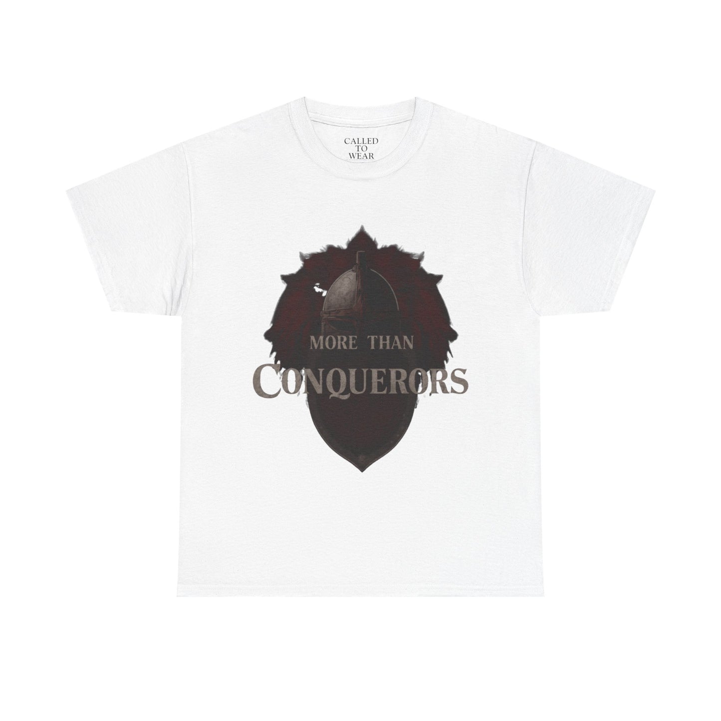 More Than Conquerors Tee | Shield Silhouette Christian faith typography