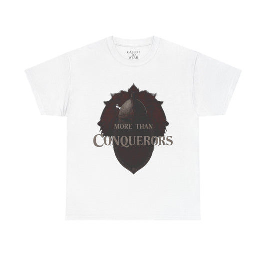 More Than Conquerors Tee | Shield Silhouette Christian faith typography