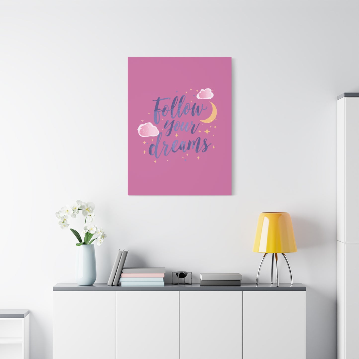 Follow Your Dreams Matte Canvas | Inspirational Wall Art, Pink Moon Clouds