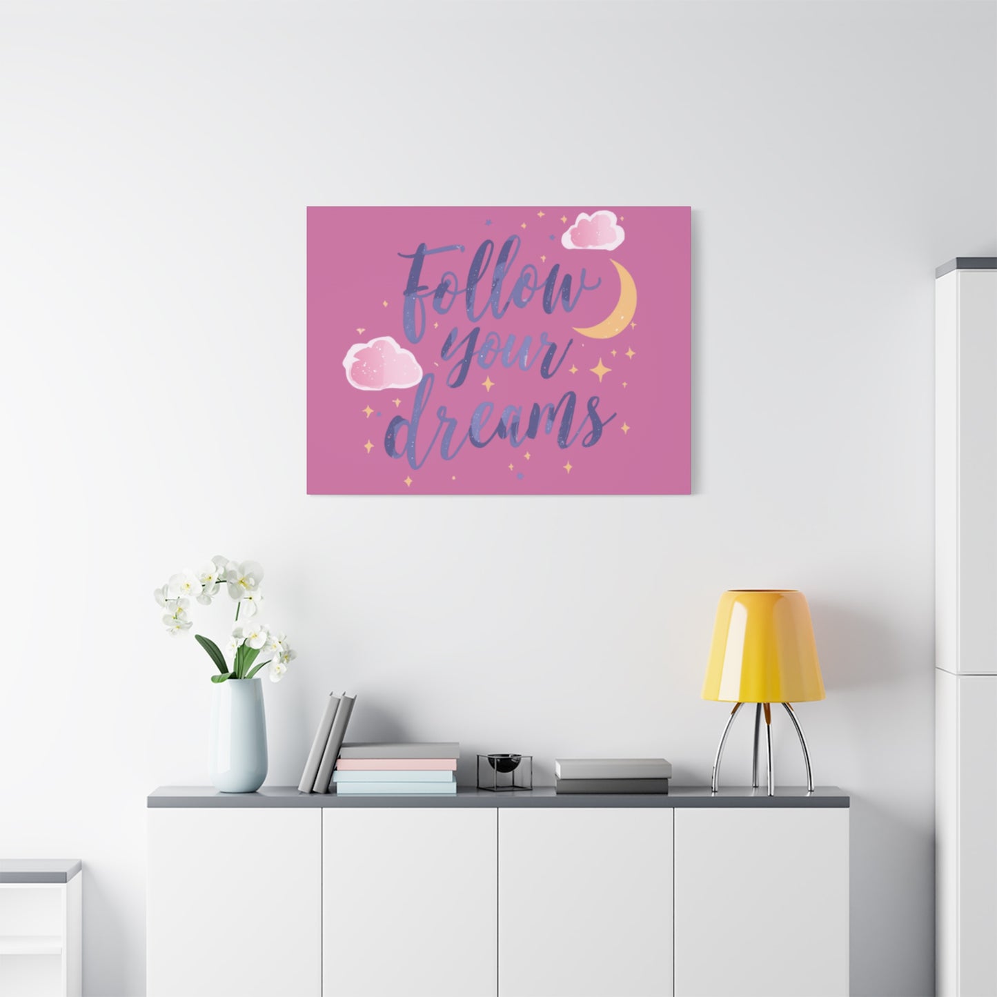 Follow Your Dreams Matte Canvas | Inspirational Wall Art, Pink Moon Clouds