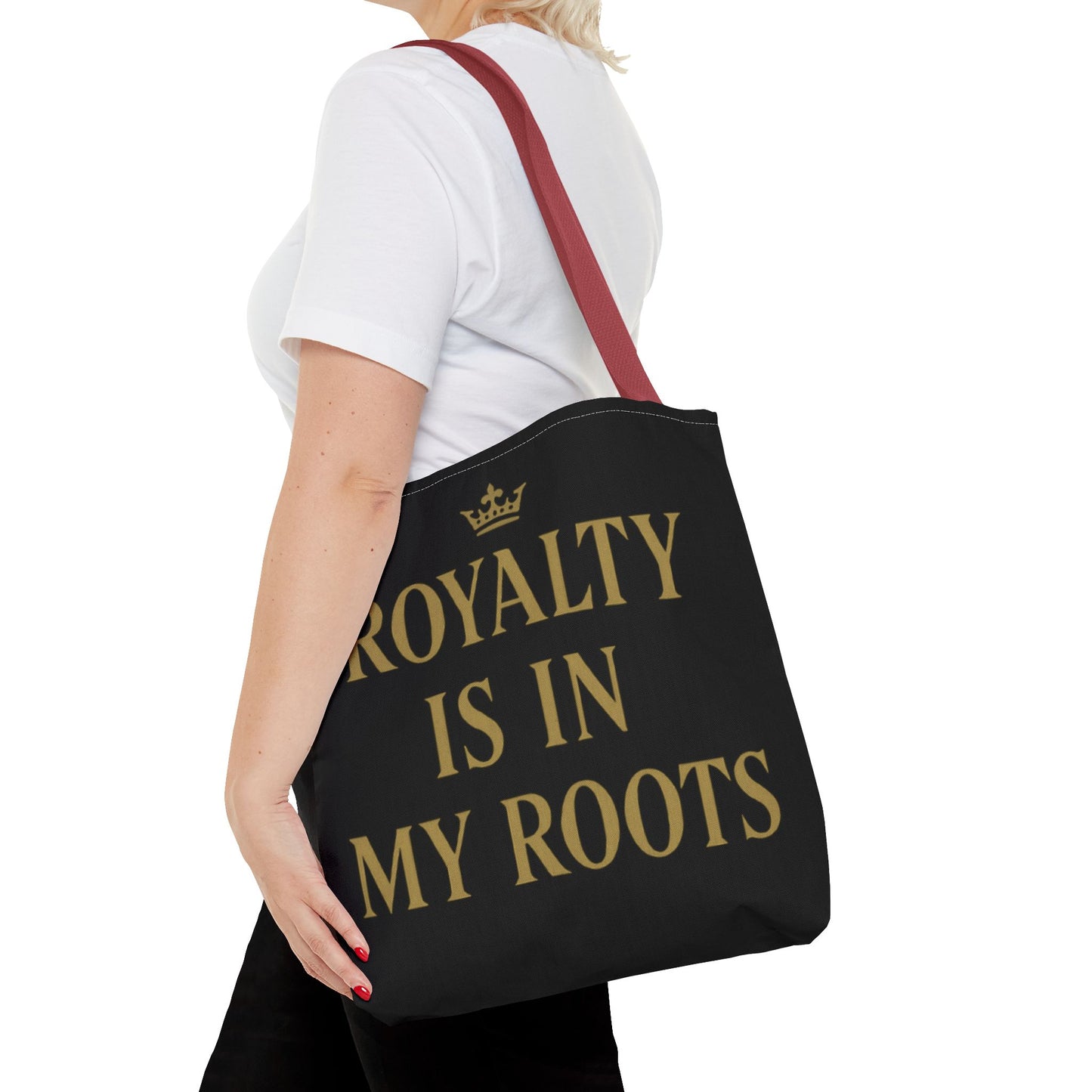 Royalty Is in My Roots Tote Bag - Stylish Eco-Friendly Carryall, Perfect Gift for Her, Black Gold Design, Daily Use, Travel Bag