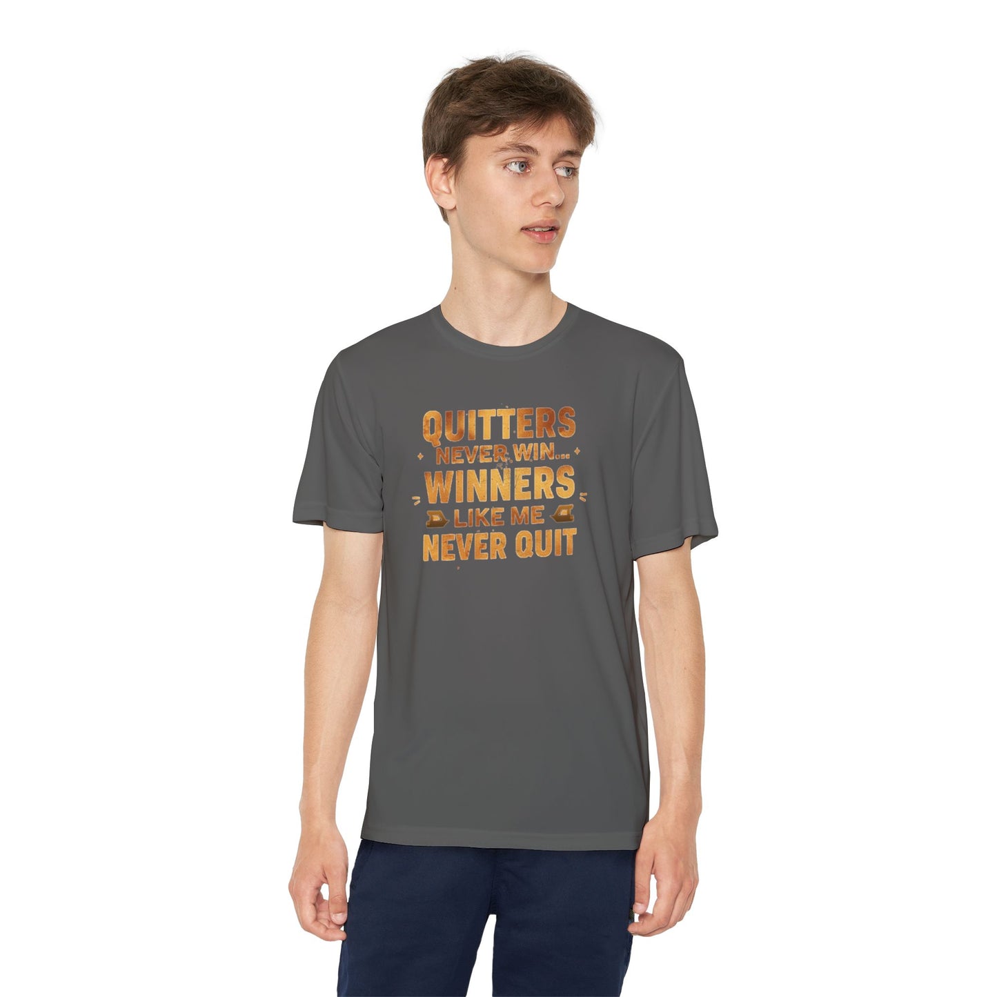 Quitters Never Win Winners Like Me Never Quit T-Shirt | Youth Competition Tee