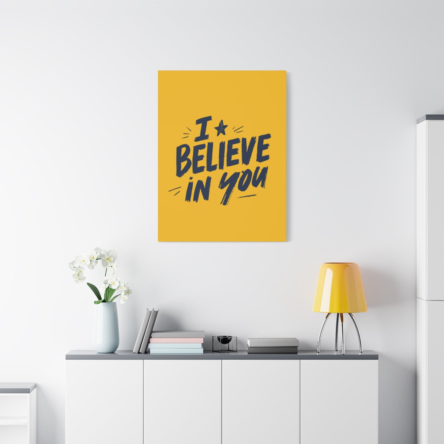 I Believe In You Canvas | Matte Stretched Wall Art, Navy Brush Lettering on Gold