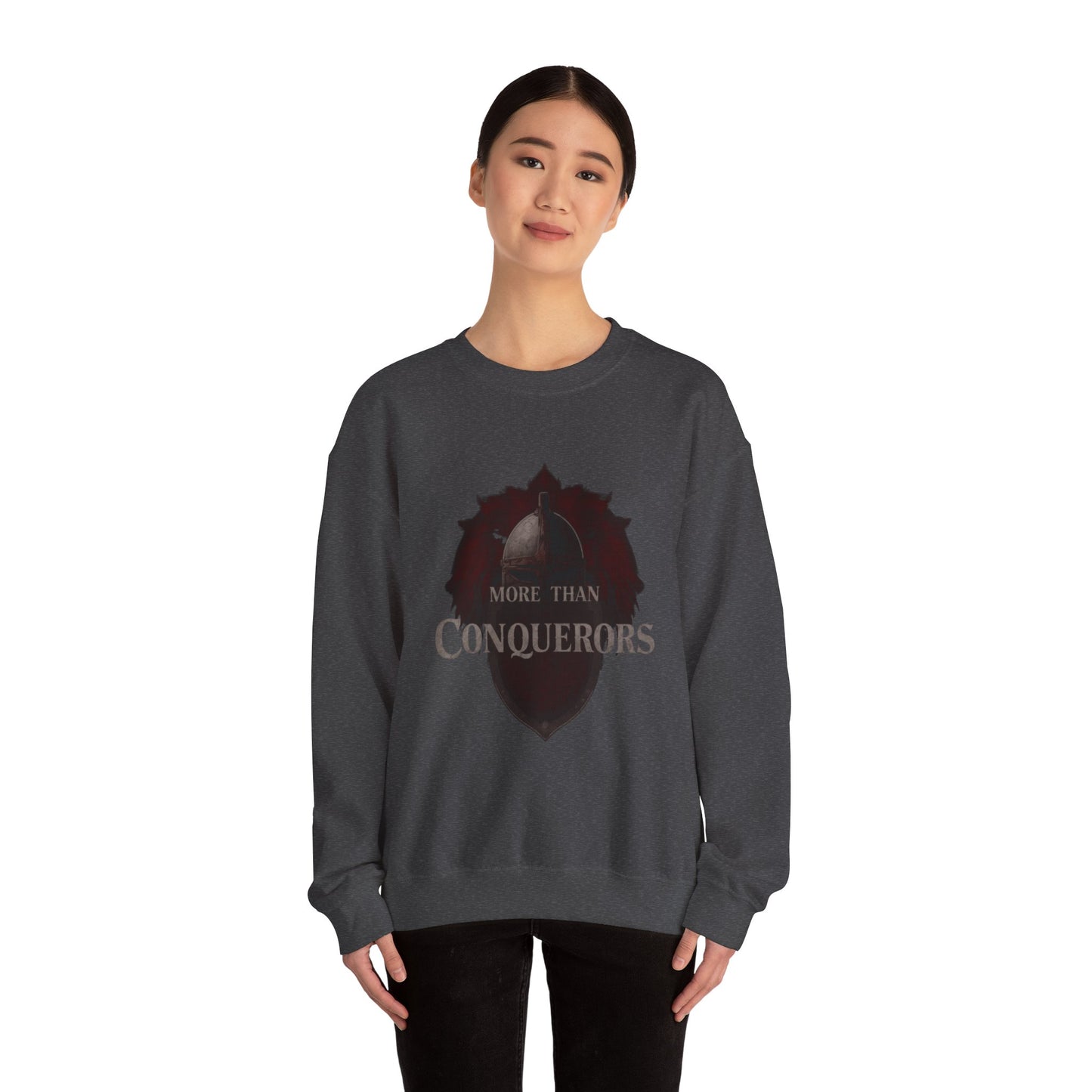 More Than Conquerors Shield Crewneck Sweatshirt | Christian Faith Scripture