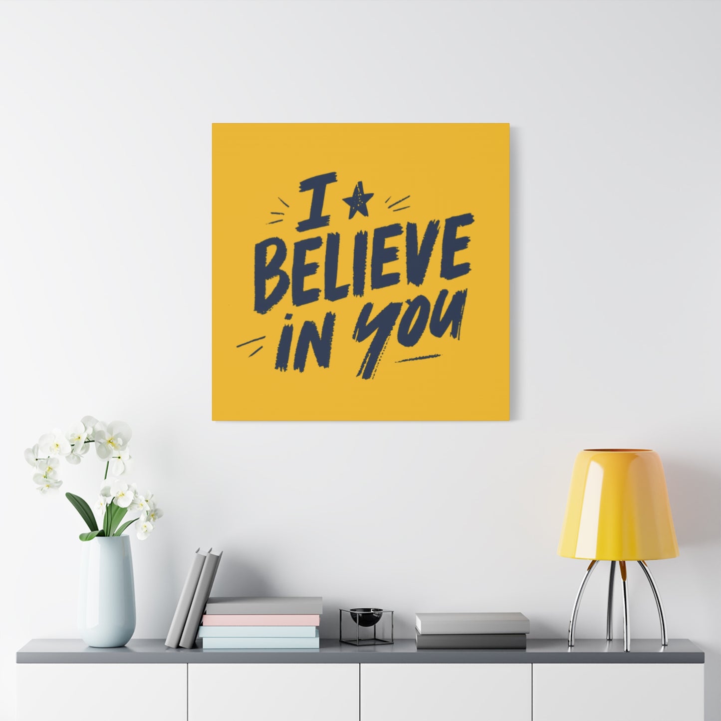 I Believe In You Canvas | Matte Stretched Wall Art, Navy Brush Lettering on Gold