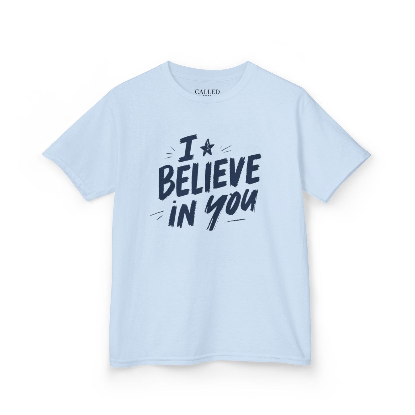 I Believe In You Kids Tee, Hand-Lettered Navy Script with Star | Encouragement Shirt