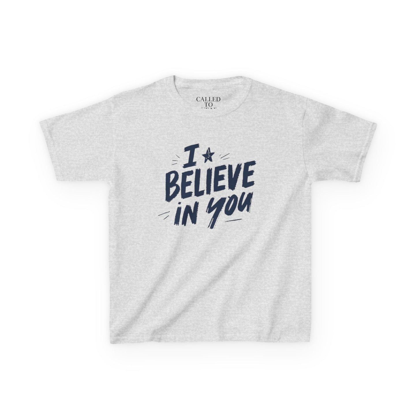 I Believe In You Kids Tee, Hand-Lettered Navy Script with Star | Encouragement Shirt