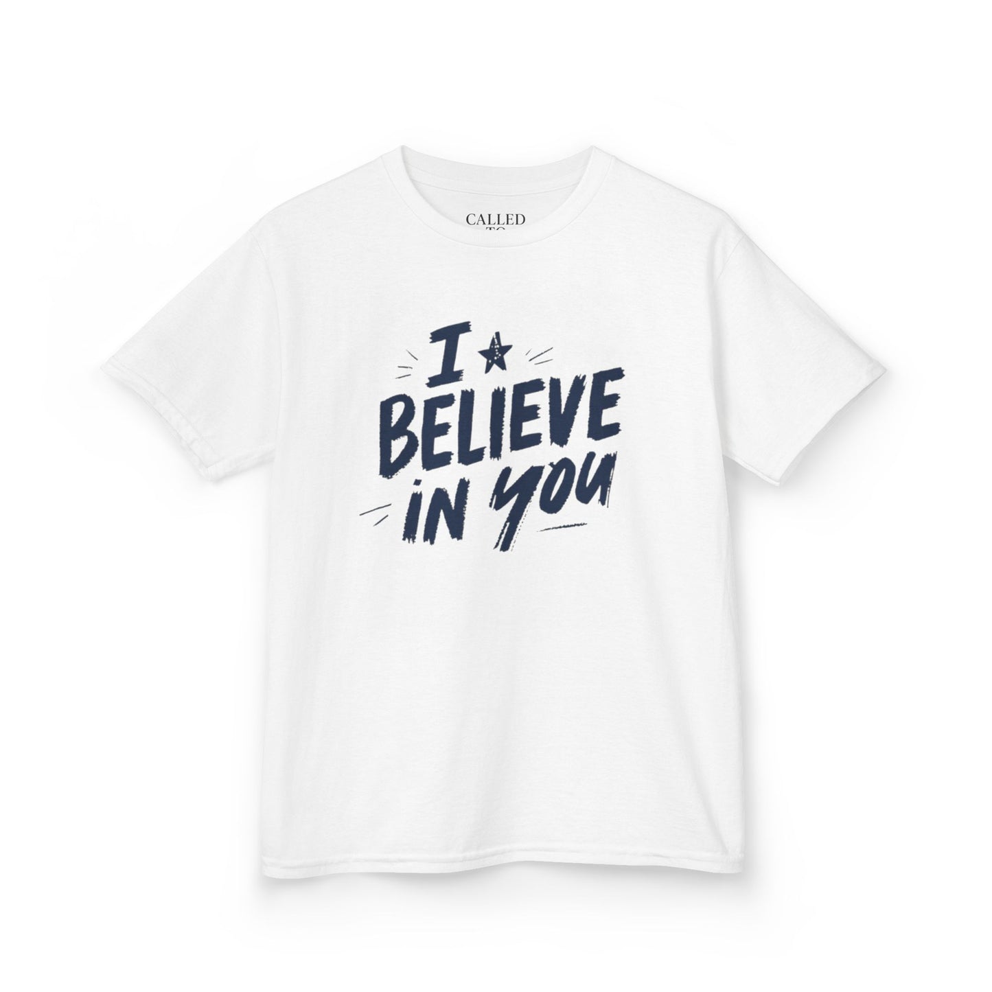I Believe In You Kids Tee, Hand-Lettered Navy Script with Star | Encouragement Shirt