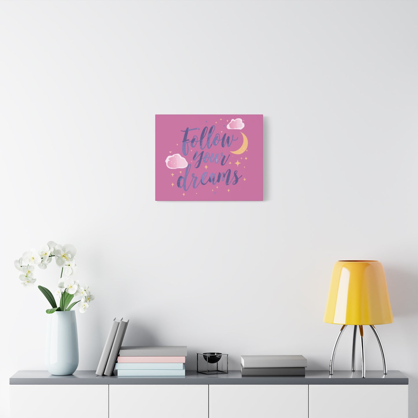 Follow Your Dreams Matte Canvas | Inspirational Wall Art, Pink Moon Clouds