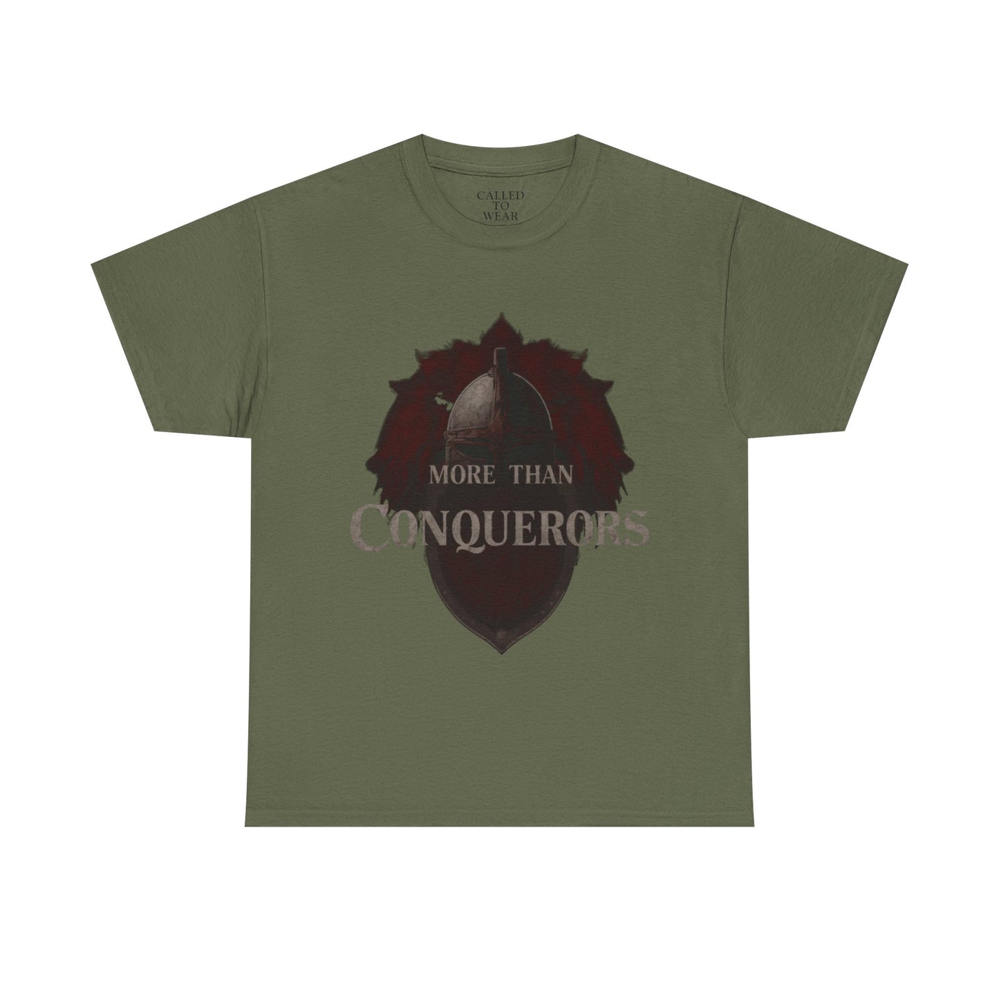 More Than Conquerors Tee | Shield Silhouette Christian faith typography