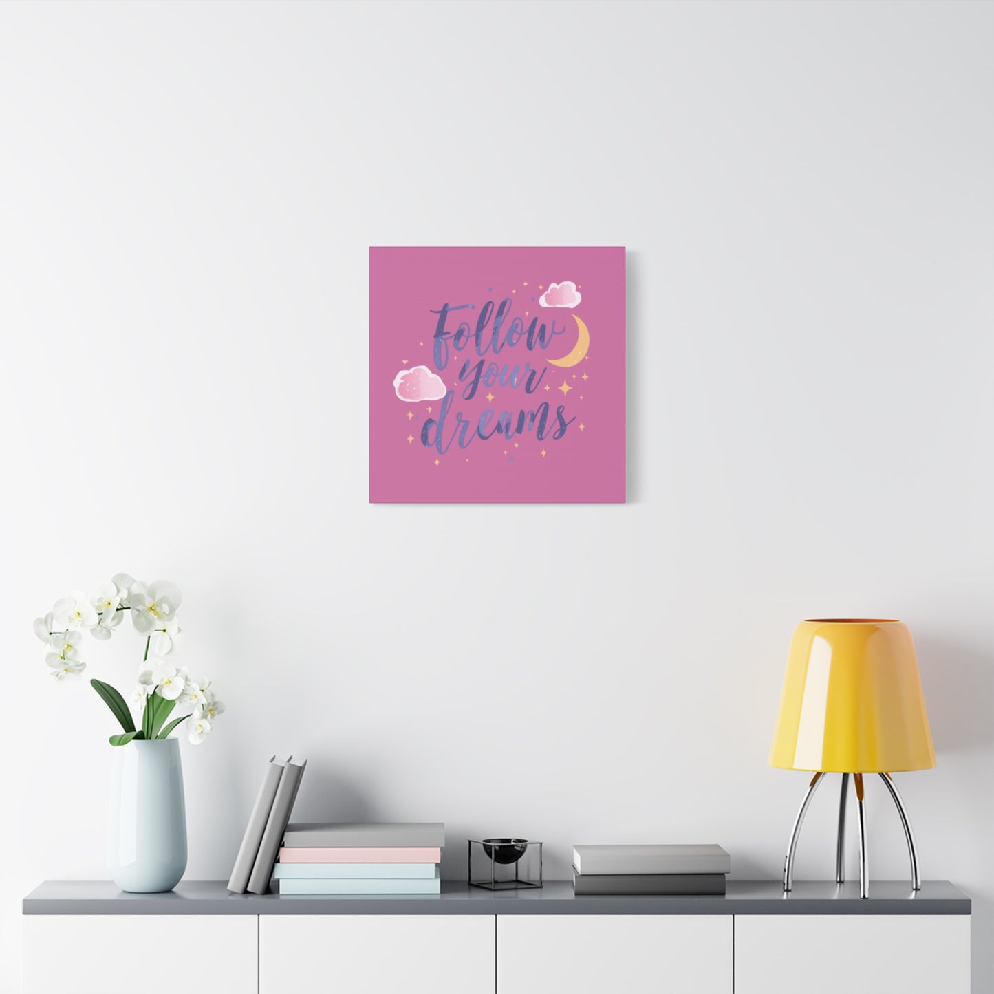 Follow Your Dreams Matte Canvas | Inspirational Wall Art, Pink Moon Clouds