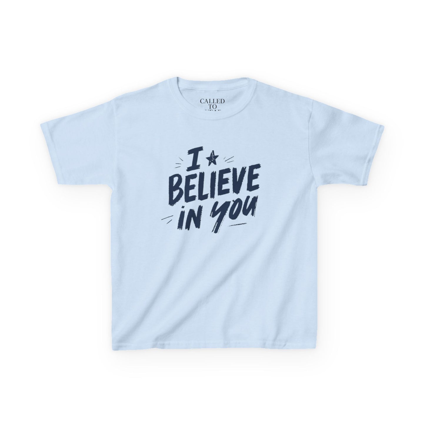 I Believe In You Kids Tee, Hand-Lettered Navy Script with Star | Encouragement Shirt