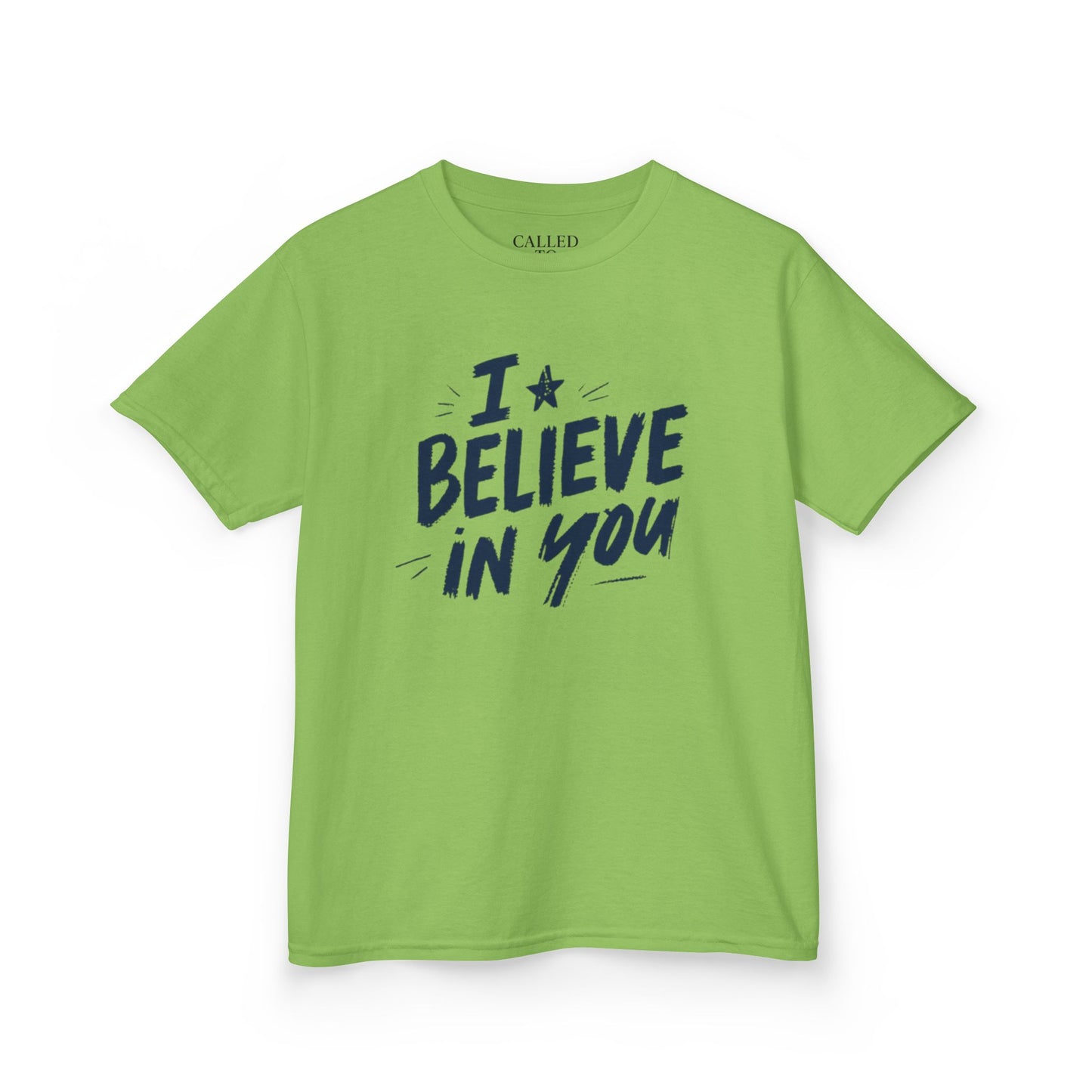 I Believe In You Kids Tee, Hand-Lettered Navy Script with Star | Encouragement Shirt