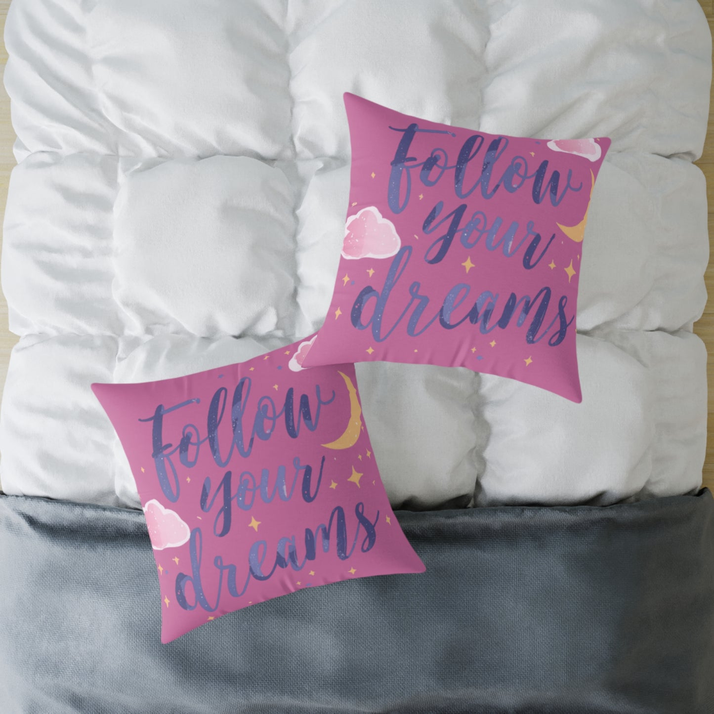 Follow Your Dreams script lettering Square Pillow | pink moon clouds stars