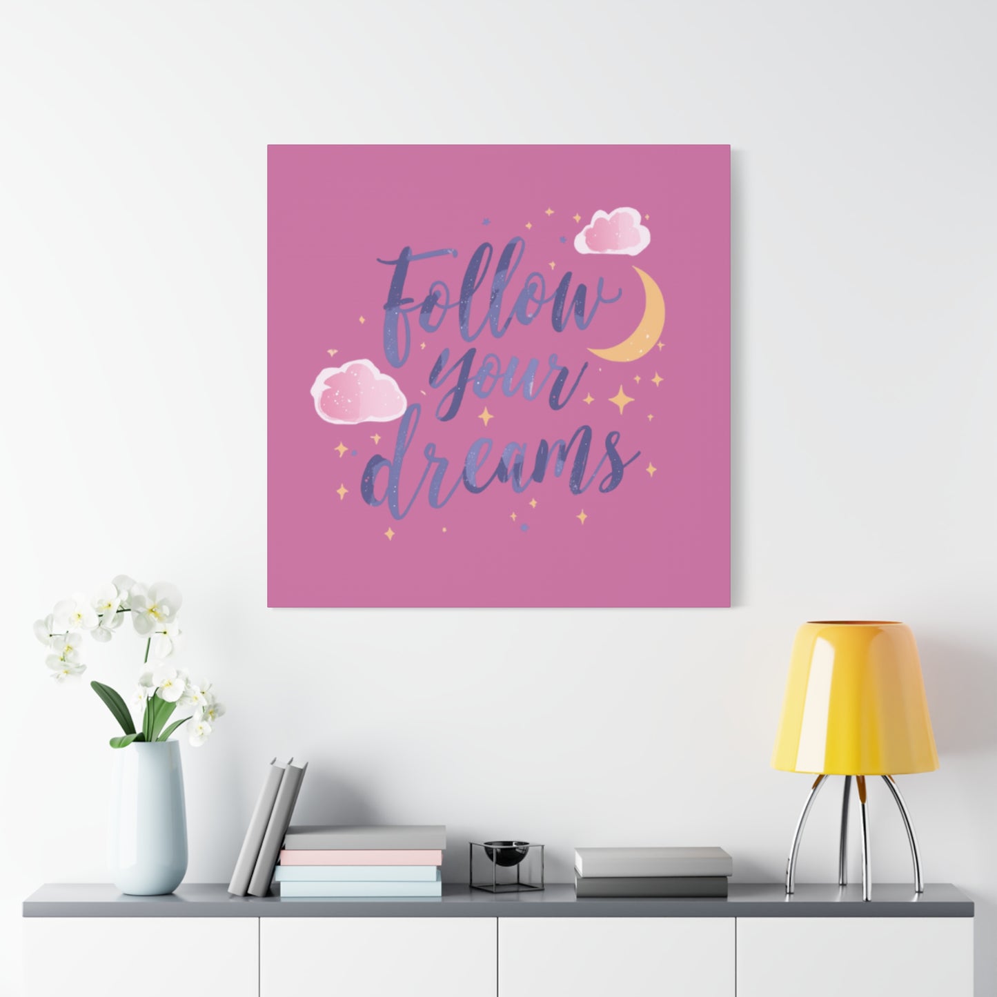 Follow Your Dreams Matte Canvas | Inspirational Wall Art, Pink Moon Clouds