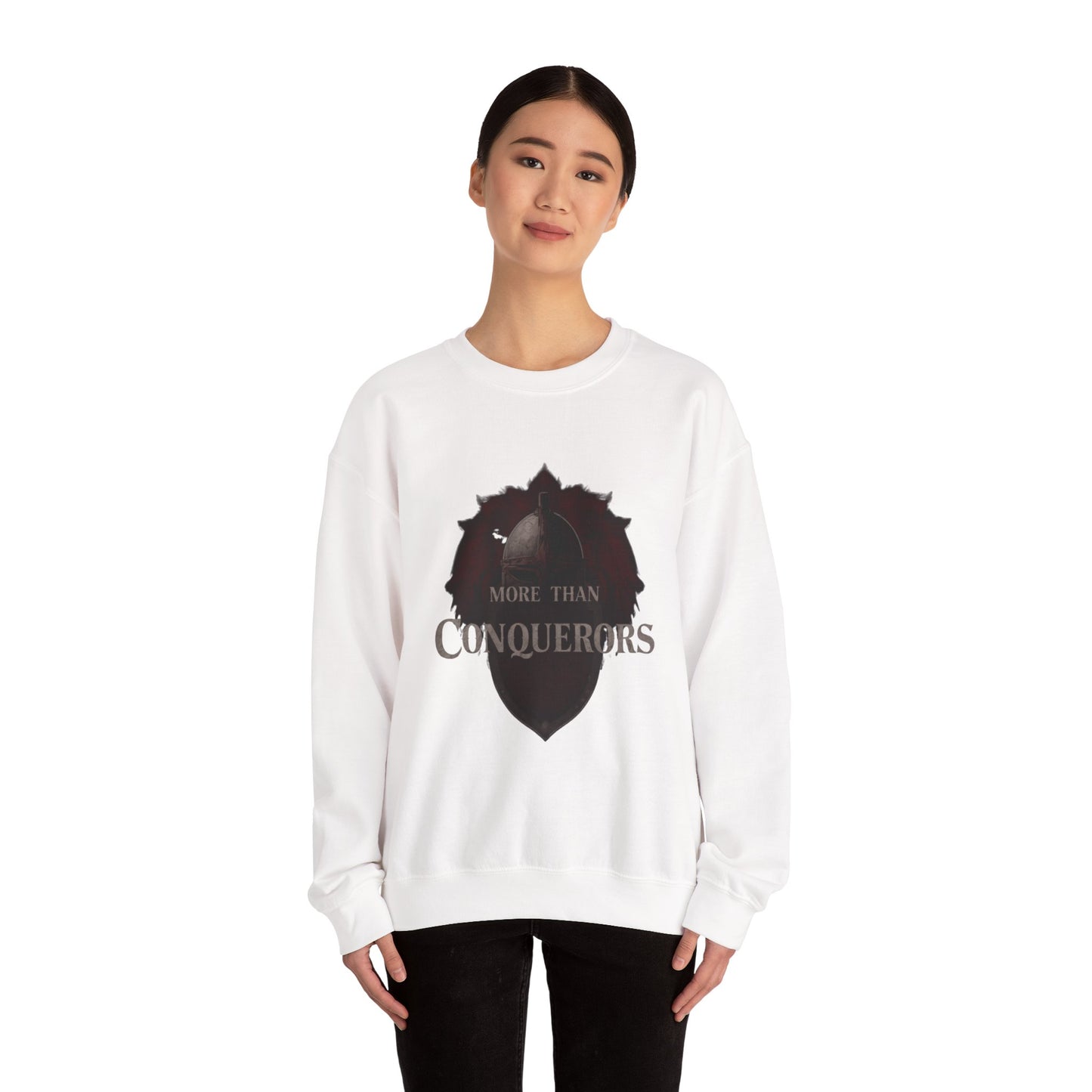 More Than Conquerors Shield Crewneck Sweatshirt | Christian Faith Scripture