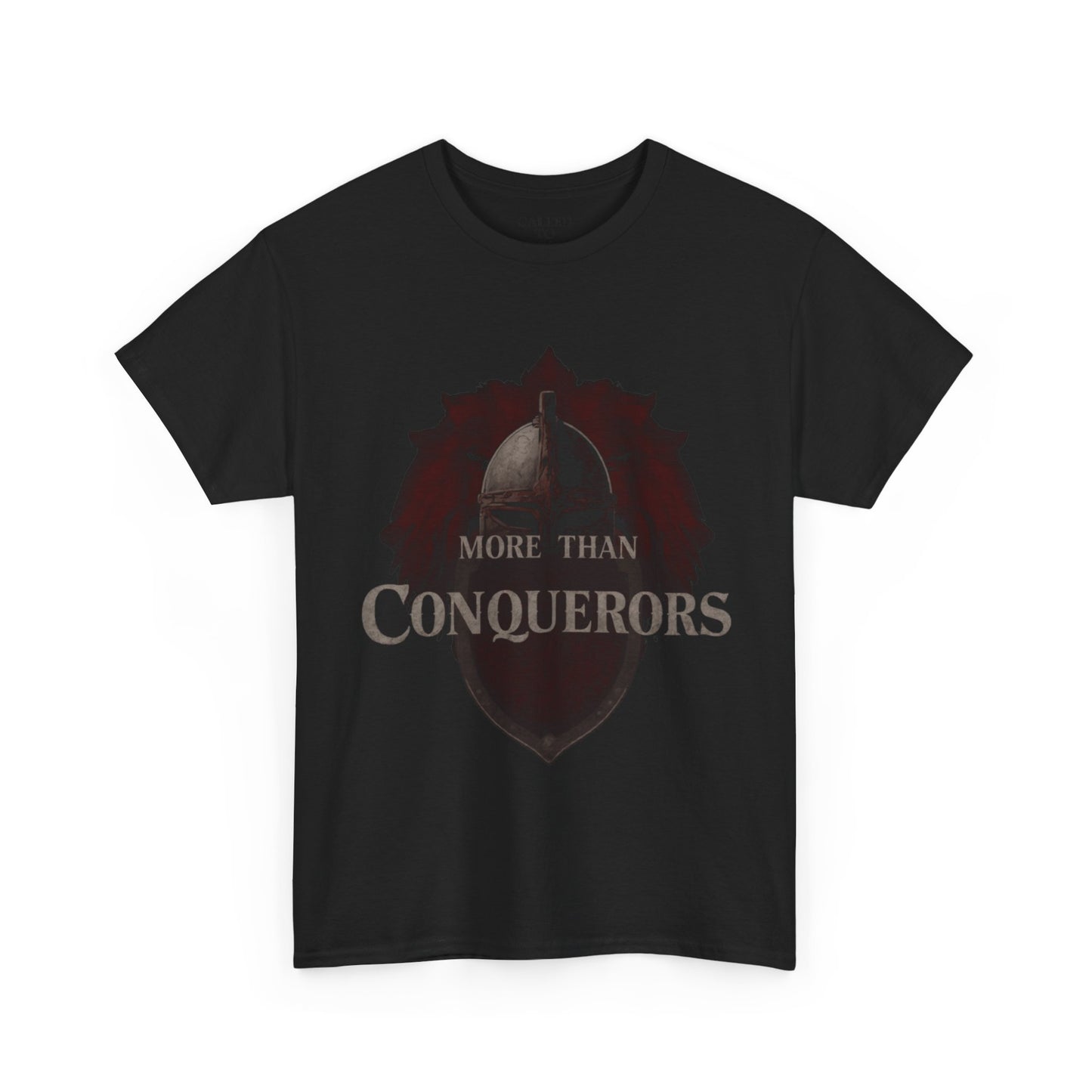 More Than Conquerors Tee | Shield Silhouette Christian faith typography