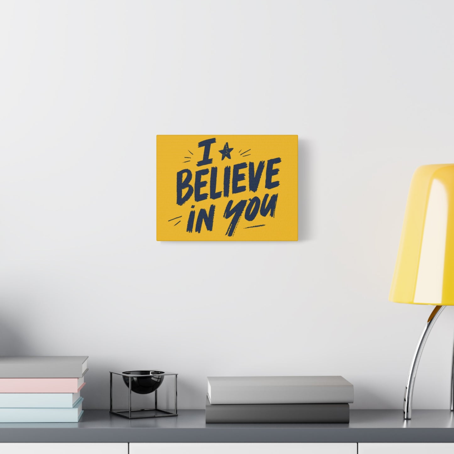 I Believe In You Canvas | Matte Stretched Wall Art, Navy Brush Lettering on Gold