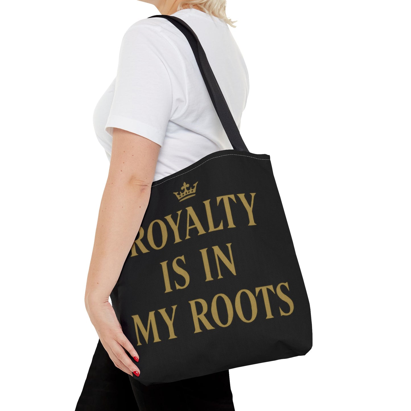 Royalty Is in My Roots Tote Bag - Stylish Eco-Friendly Carryall, Perfect Gift for Her, Black Gold Design, Daily Use, Travel Bag