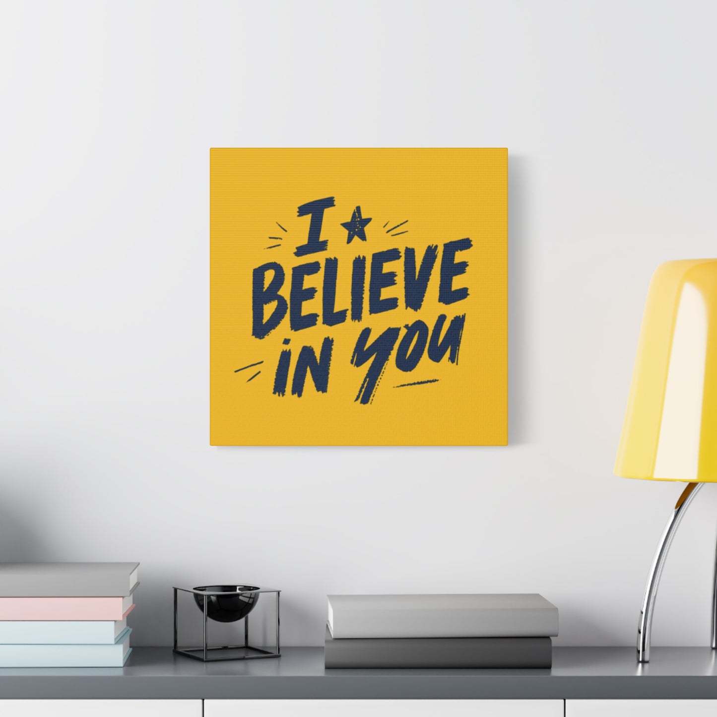 I Believe In You Canvas | Matte Stretched Wall Art, Navy Brush Lettering on Gold