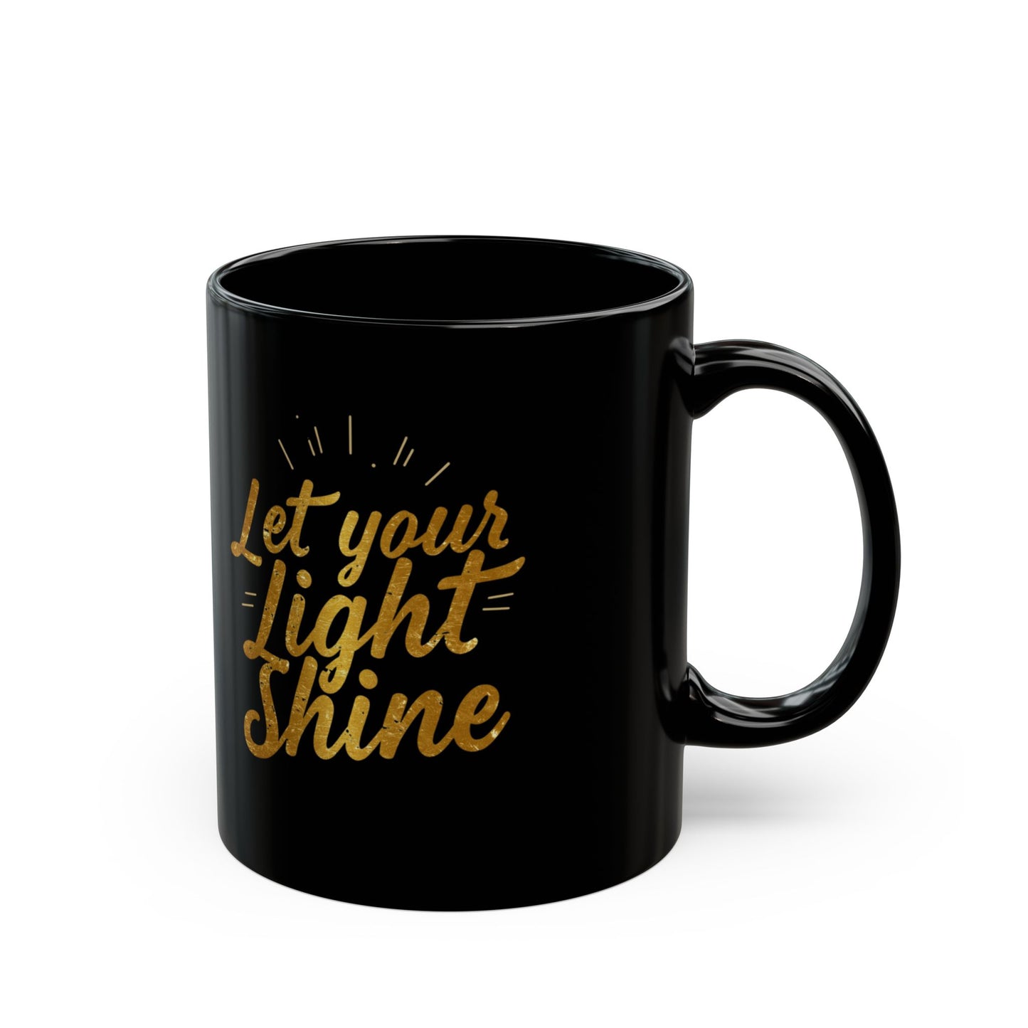 Let Your Light Shine mug | Black ceramic coffee mug, gold script design