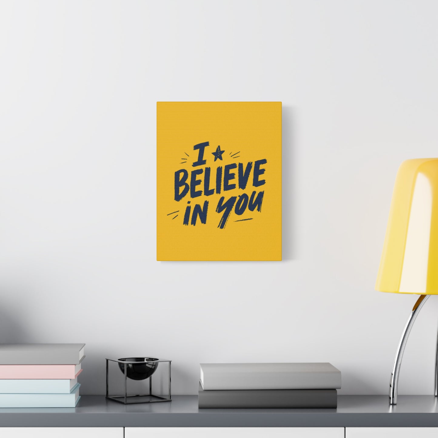 I Believe In You Canvas | Matte Stretched Wall Art, Navy Brush Lettering on Gold