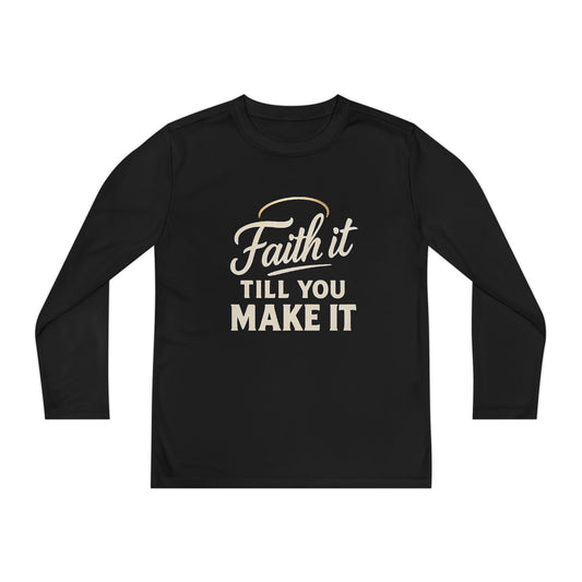 Youth Long Sleeve Faith It Tee, Motivational Shirt, Inspirational Apparel, Kids Workout Top, Long Sleeve Sports Tee, Gift for Young Dreamers