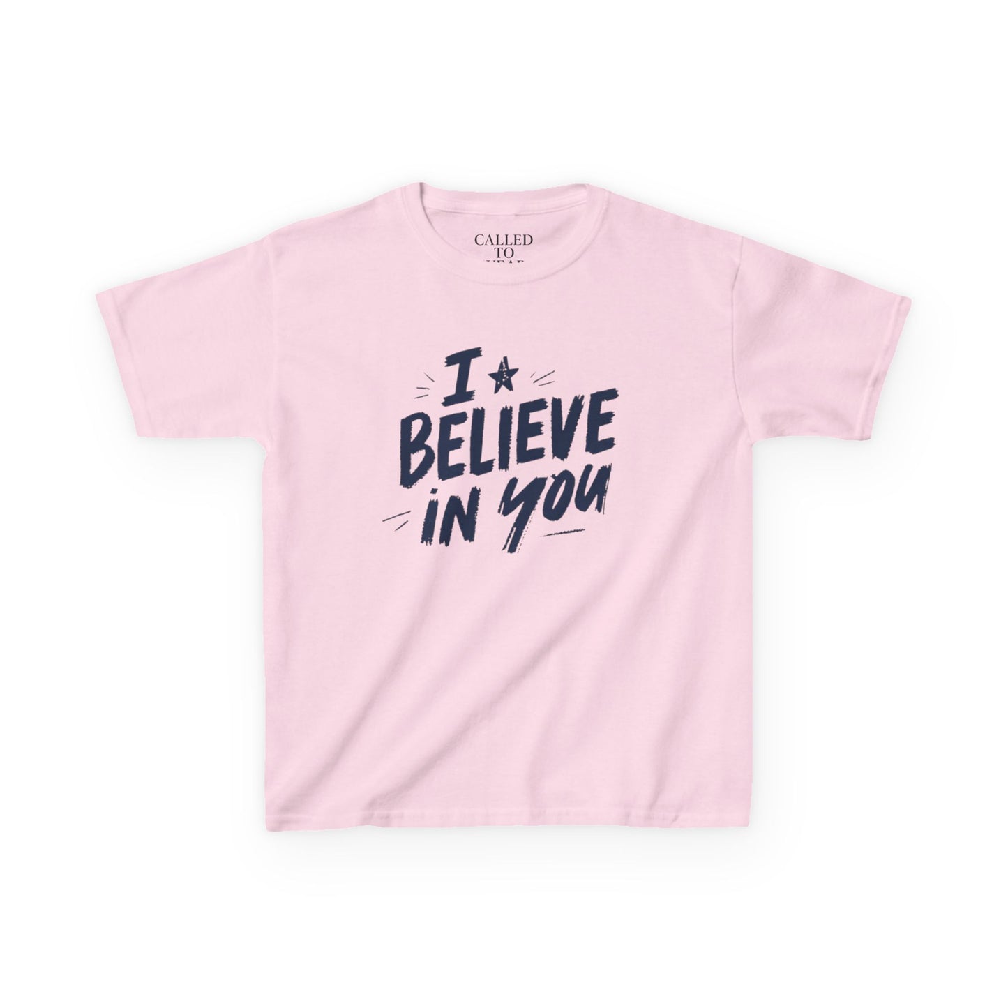 I Believe In You Kids Tee, Hand-Lettered Navy Script with Star | Encouragement Shirt